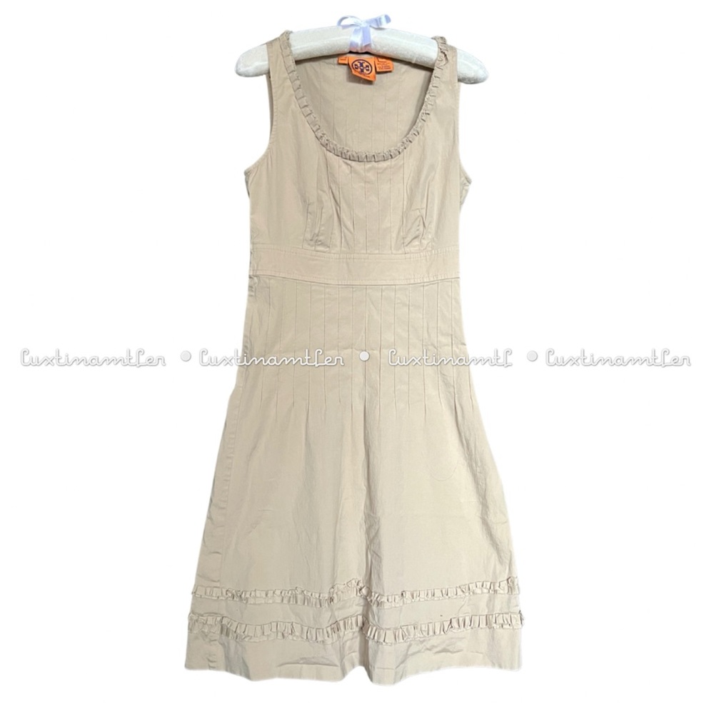 Tory Burch Ribbon Ruffle Pleated A Line Midi Dress Cream Size 2